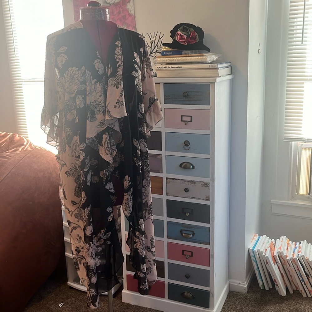 Moon floral tan black sheer duster cover up one size